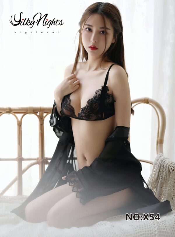 ELEGANT SHEER LACE ENSEMBLE WITH SATIN- TRIMMED ROBE.