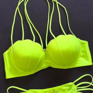 YELLOW MULTI-STRAPS SCALLOPED BIKINI SET HIGH QUALITY BRIDAL PADDED SET - 32, NEONYELLOW