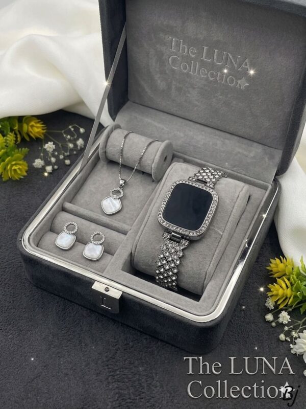 Fancy Beautiful Silver Stones LED Wrist Watch With Silver Plated Zircon Stones Locket Set For Her