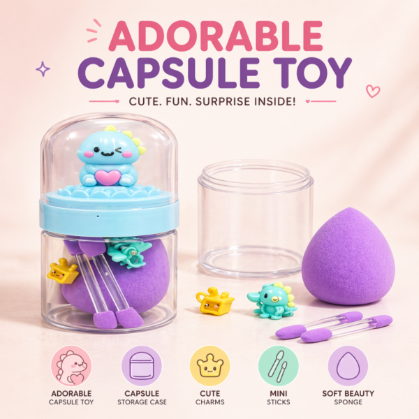 Cute Capsule Toy Set for Kids Inside the capsule you get a soft beauty sponge, mini applicators, and adorable cartoon charms. Perfect for kids, gifts, party favors, and fun playtime.