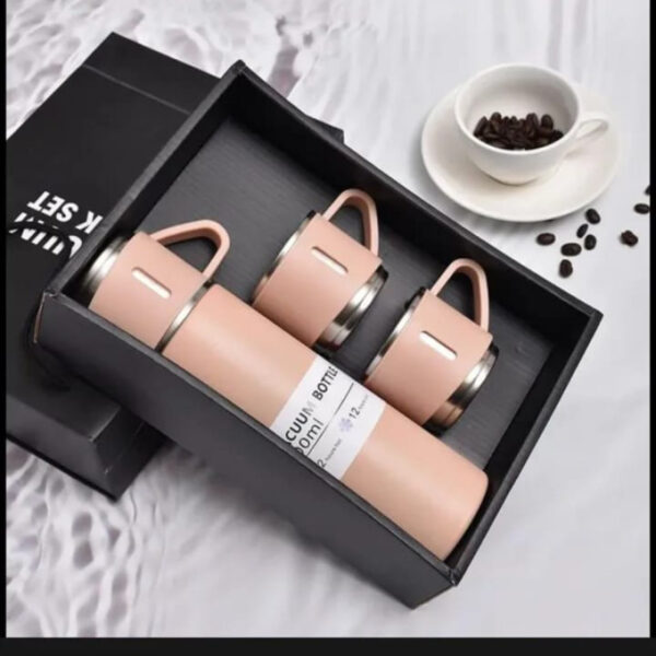 Vacuum Flask Set - Water Bottle - Thermos - Traveling Bottle And Cup Set 500ml - For Coffee, Tea, Hot And Cold Drink - Travel Friendly Combo With 3 Steel Cups And Bottle - Thermal Sport Bottle - Mug Set - Gift Box Set - Portable Cup Set.