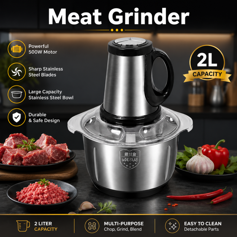 Meat Grinder Chopper 2L Electric Stainless Steel High Quality Household Grinder Chopper Blender.
