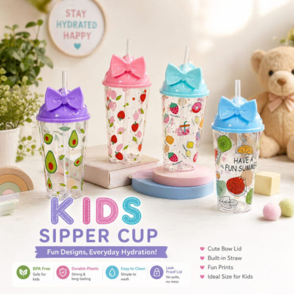 Kids Sipper Cups – Cute, Colorful & Fun! Make every sip exciting for your little ones! Our adorable kids sipper cups come with beautiful bow lids, fun fruit prints, and a built-in straw – perfect for everyday use